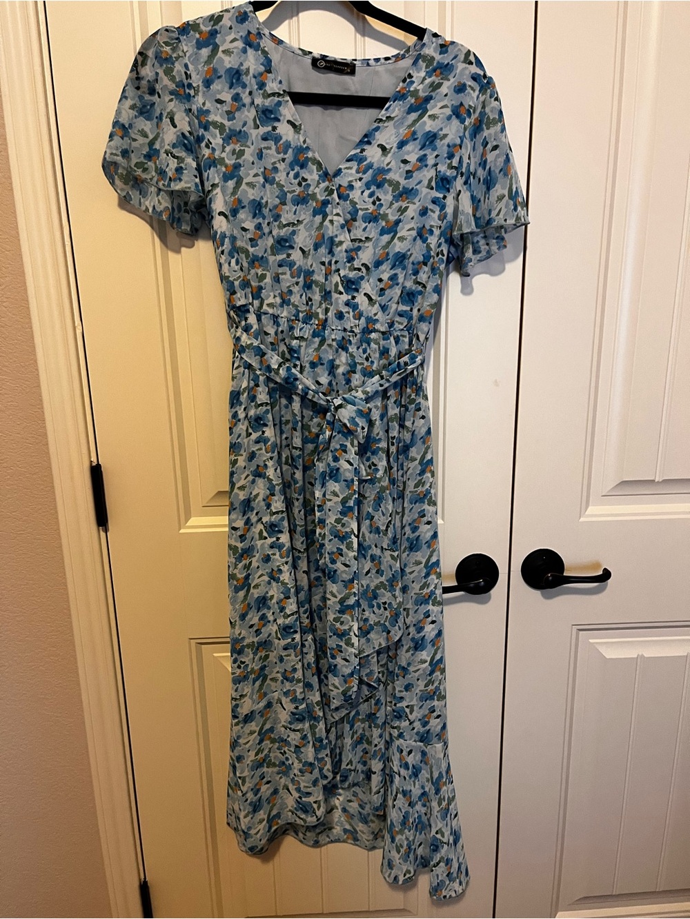 Light Blue Floral Midi Wrap Dress with Tie Waist